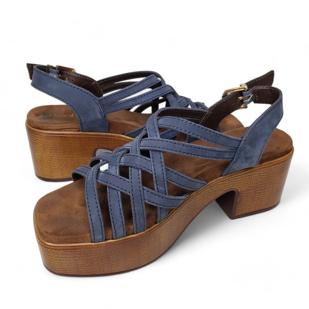 House of Harlow 1960 Georgia Platform Sandals Women's Denim Blue Leather Sz 9.5M
